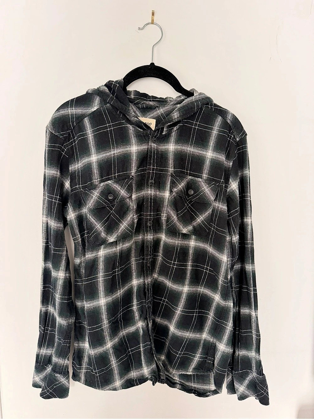 TNA Hidalgo Plaid Hooded Flannel Shirt Black & White Small